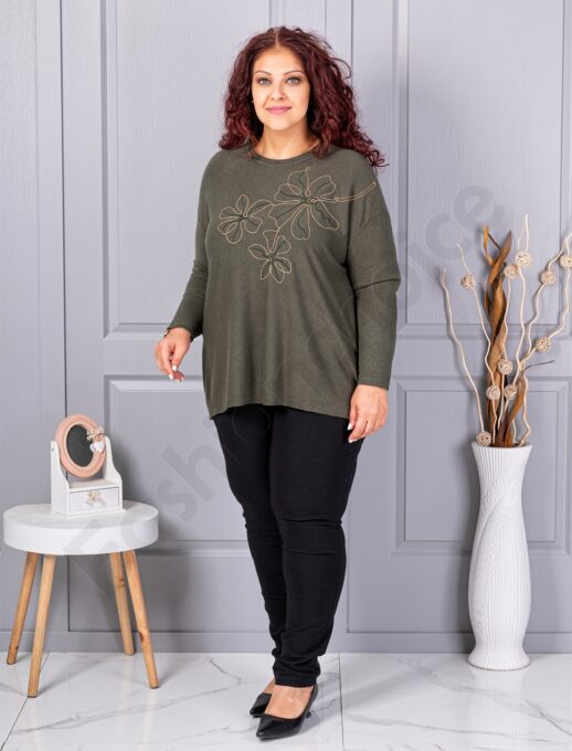 Plus size πλεκτή μπλούζα με απλικέ-χακί-κωδ 6869-3