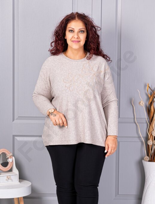 Plus size πλεκτή μπλούζα με απλικέ-μπεζ-κωδ 6869-2
