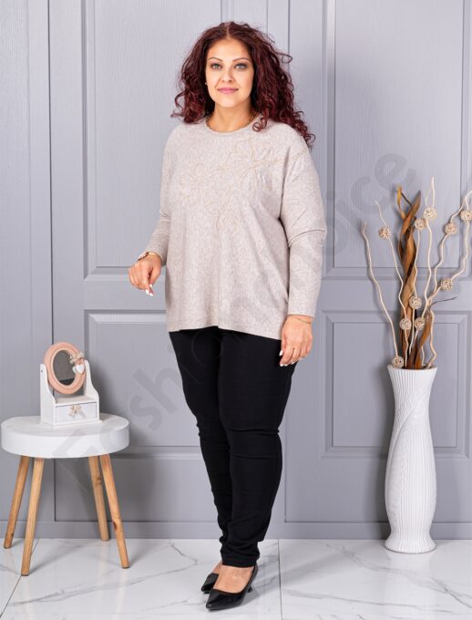 Plus size πλεκτή μπλούζα με απλικέ-μπεζ-κωδ 6869-2