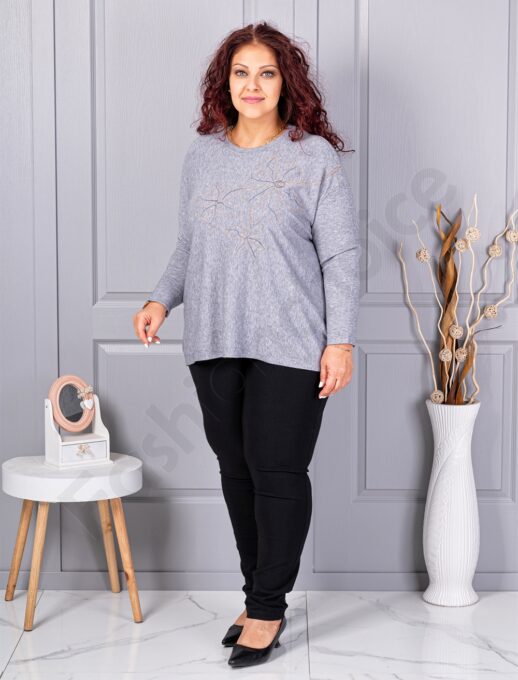 Plus size πλεκτή μπλούζα με απλικέ-γκρι-κωδ 6869-4
