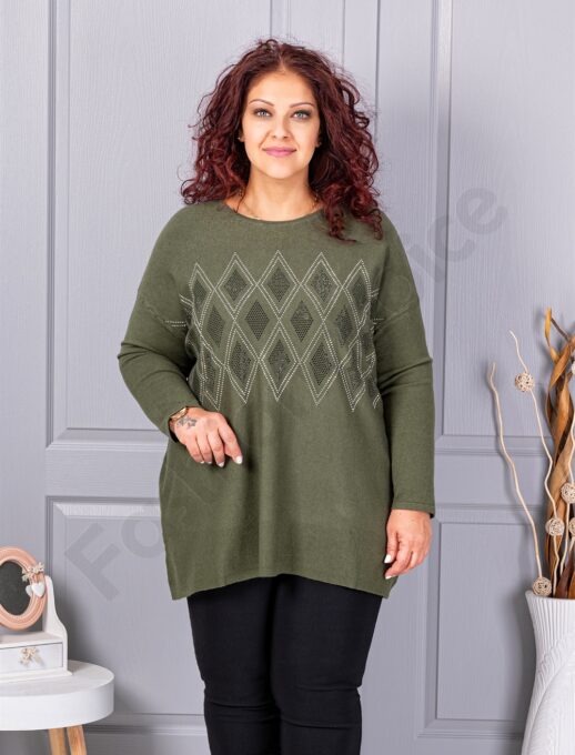Plus size πλεκτή μπλούζα με μοτίβο ρόμβων από στρας-χακί-κωδ 2057-3