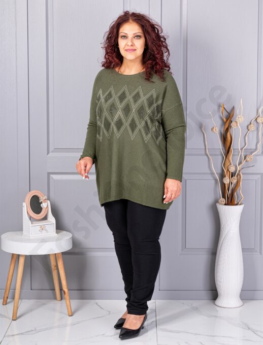 Plus size πλεκτή μπλούζα με μοτίβο ρόμβων από στρας-χακί-κωδ 2057-3