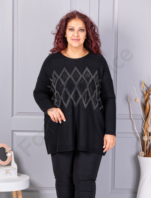 Plus size πλεκτή μπλούζα με μοτίβο ρόμβων από στρας-μαύρο-κωδ 2057