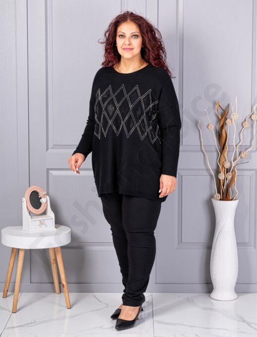 Plus size πλεκτή μπλούζα με μοτίβο ρόμβων από στρας-μαύρο-κωδ 2057