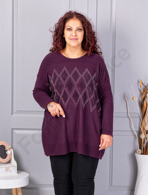 Plus size πλεκτή μπλούζα με μοτίβο ρόμβων από στρας-βουργουνδί-κωδ 2057-4