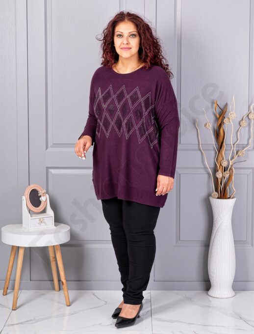 Plus size πλεκτή μπλούζα με μοτίβο ρόμβων από στρας-βουργουνδί-κωδ 2057-4