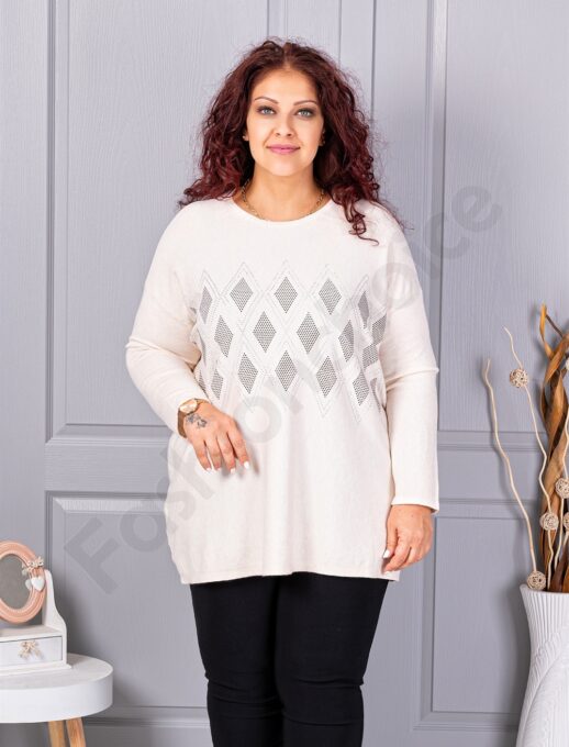 Plus size πλεκτή μπλούζα με μοτίβο ρόμβων από στρας-εκρού-κωδ 2057-2