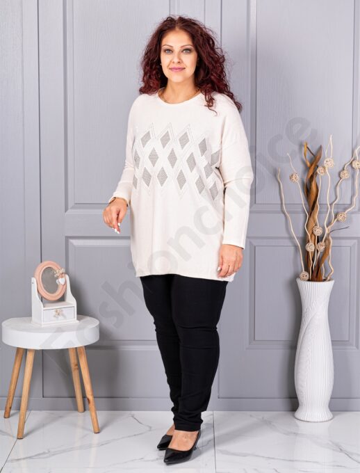 Plus size πλεκτή μπλούζα με μοτίβο ρόμβων από στρας-εκρού-κωδ 2057-2