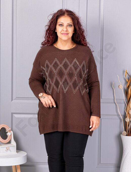 Plus size πλεκτή μπλούζα με μοτίβο ρόμβων από στρας-καφέ-κωδ 2057-1