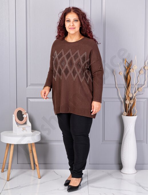 Plus size πλεκτή μπλούζα με μοτίβο ρόμβων από στρας-καφέ-κωδ 2057-1