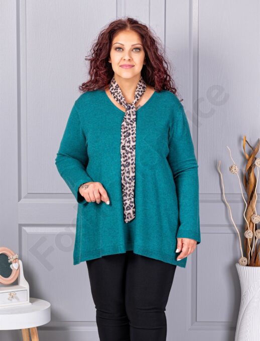 Plus size πλεκτή V μπλούζα με φουλάρι-πετρόλ-κωδ 225-1