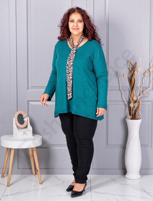 Plus size πλεκτή V μπλούζα με φουλάρι-πετρόλ-κωδ 225-1