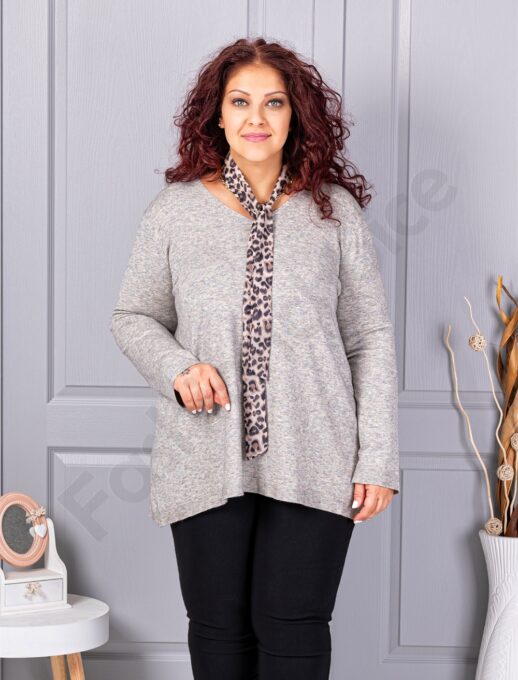 Plus size πλεκτή V μπλούζα με φουλάρι-γκρι-κωδ 225-3