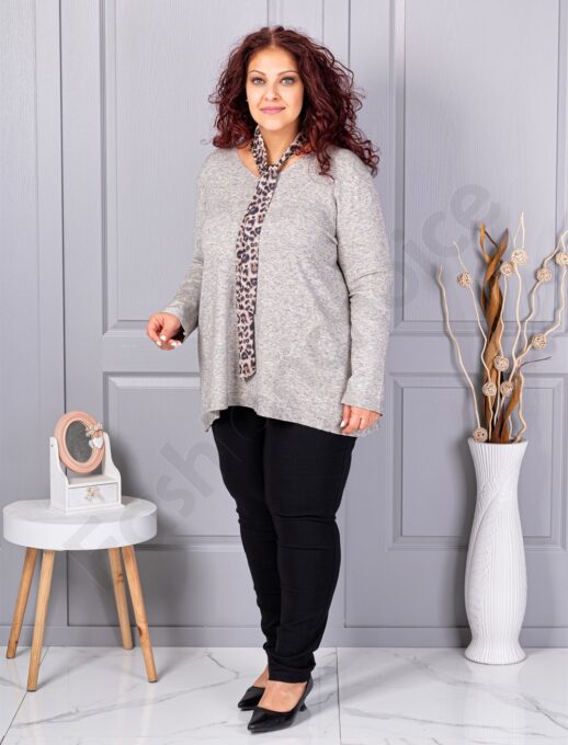 Plus size πλεκτή V μπλούζα με φουλάρι-γκρι-κωδ 225-3
