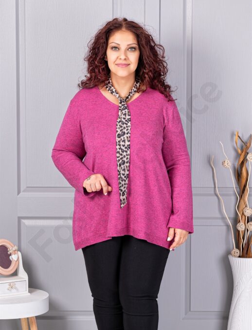 Plus size πλεκτή V μπλούζα με φουλάρι-ροζ-κωδ 225-2