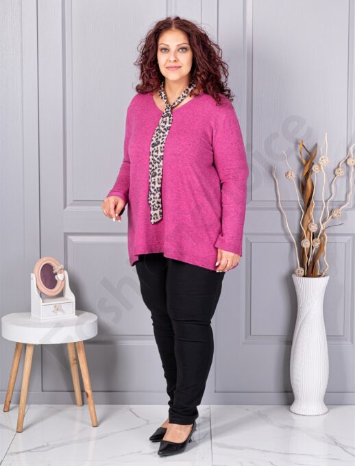 Plus size πλεκτή V μπλούζα με φουλάρι-ροζ-κωδ 225-2
