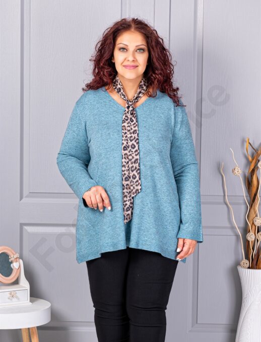 Plus size πλεκτή V μπλούζα με φουλάρι-γαλάζιο-κωδ 225-5