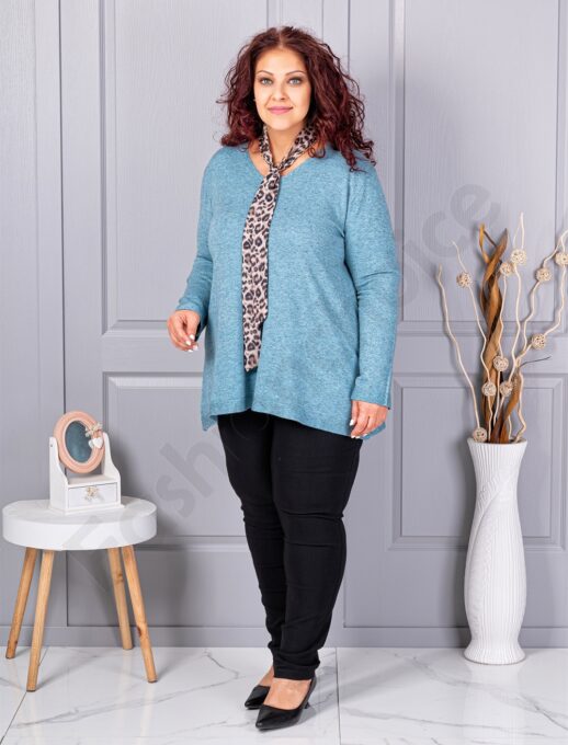 Plus size πλεκτή V μπλούζα με φουλάρι-γαλάζιο-κωδ 225-5