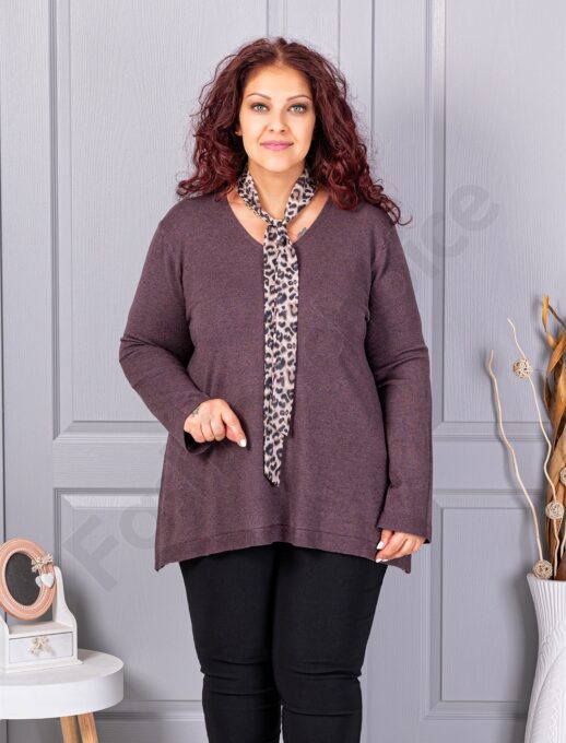 Plus size πλεκτή V μπλούζα με φουλάρι-καφέ-κωδ 225-4