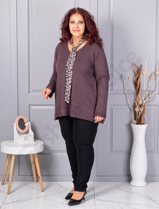 Plus size πλεκτή V μπλούζα με φουλάρι-καφέ-κωδ 225-4