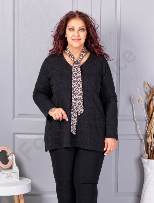 Plus size πλεκτή V μπλούζα με φουλάρι-μαύρο-κωδ 225