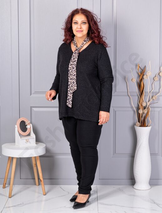 Plus size πλεκτή V μπλούζα με φουλάρι-μαύρο-κωδ 225