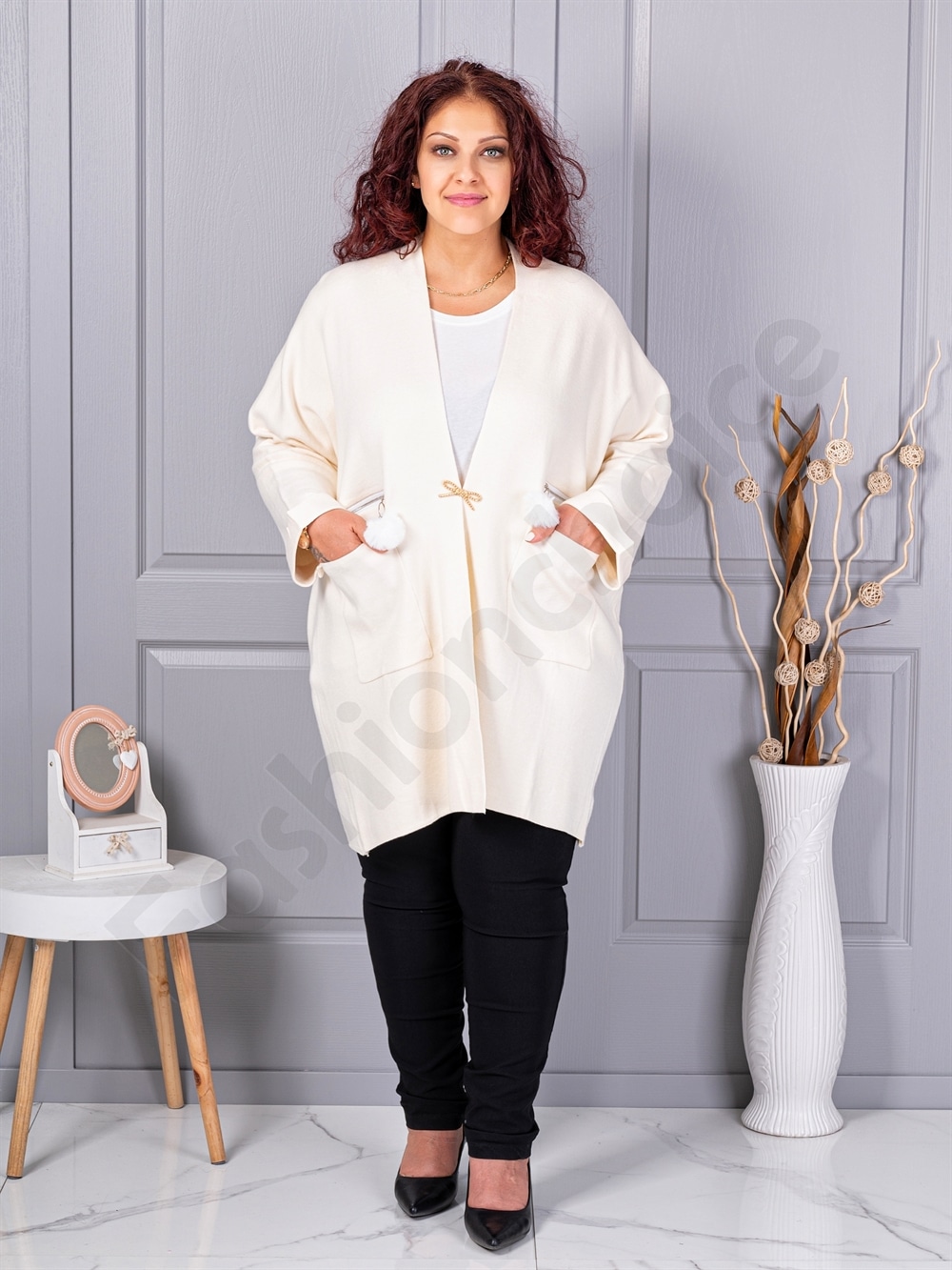 Plus size ζακέτα με καρφίτσα-εκρού-κωδ G92-4