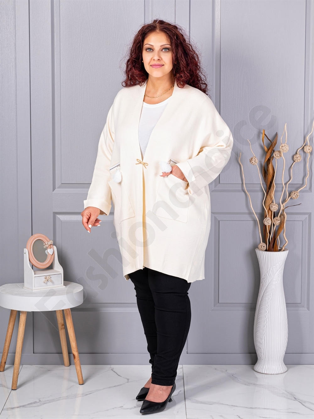 Plus size ζακέτα με καρφίτσα-εκρού-κωδ G92-4