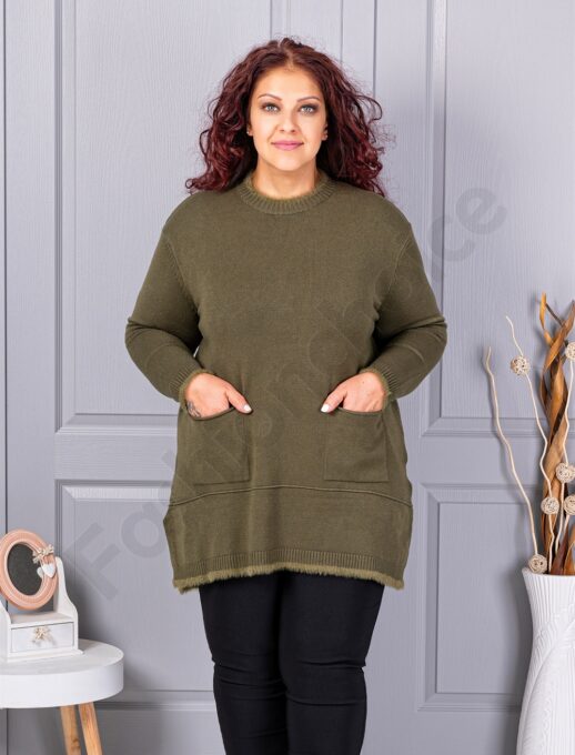 Plus size πλεκτή μπλούζα με χνουδωτή λεπτομέρεια-χακί-κωδ 86831-3