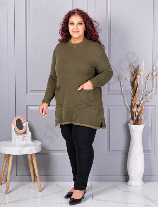 Plus size πλεκτή μπλούζα με χνουδωτή λεπτομέρεια-χακί-κωδ 86831-3
