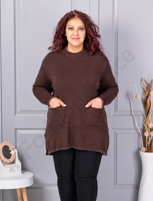 Plus size πλεκτή μπλούζα με χνουδωτή λεπτομέρεια-καφέ-κωδ 86831-1