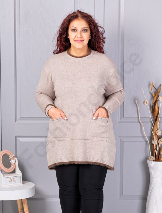 Plus size πλεκτή μπλούζα με χνουδωτή λεπτομέρεια-μόκα-κωδ 86831-2