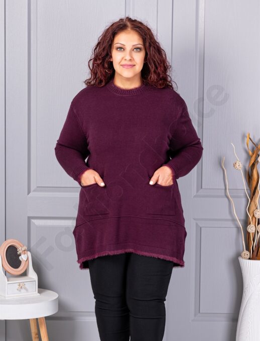 Plus size πλεκτή μπλούζα με χνουδωτή λεπτομέρεια-μαρσάλα-κωδ 86831-4
