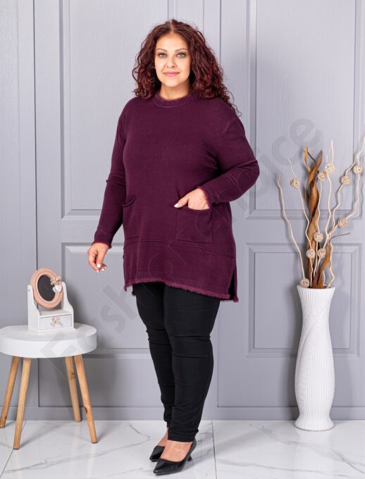 Plus size πλεκτή μπλούζα με χνουδωτή λεπτομέρεια-μαρσάλα-κωδ 86831-4