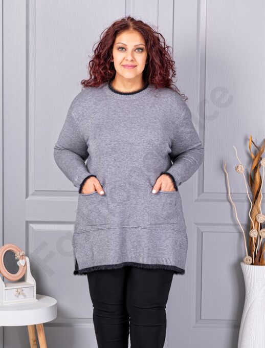 Plus size πλεκτή μπλούζα με χνουδωτή λεπτομέρεια-γκρι-κωδ 86831-5