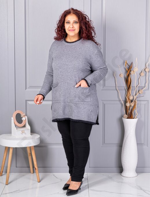 Plus size πλεκτή μπλούζα με χνουδωτή λεπτομέρεια-γκρι-κωδ 86831-5