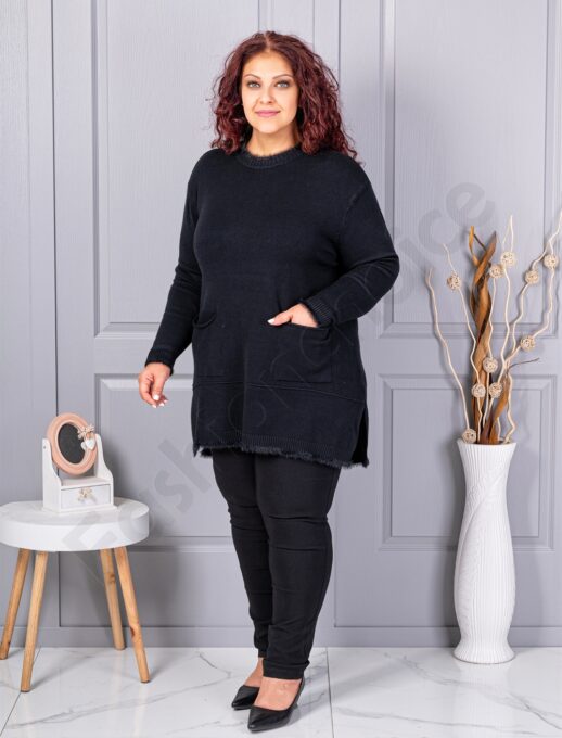 Plus size πλεκτή μπλούζα με χνουδωτή λεπτομέρεια-μαύρο-κωδ 86831