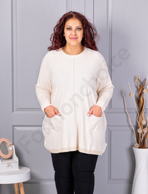 Plus size πλεκτή μπλούζα με λούρεξ ρίγα-εκρού-κωδ 2037-3