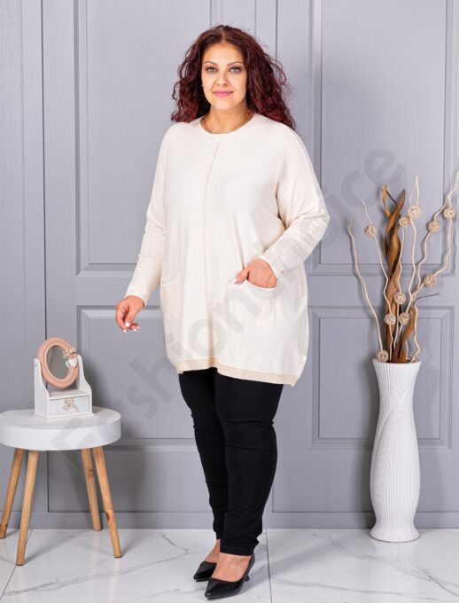 Plus size πλεκτή μπλούζα με λούρεξ ρίγα-εκρού-κωδ 2037-3