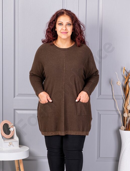 Plus size πλεκτή μπλούζα με λούρεξ ρίγα-καφέ-κωδ 2037-1