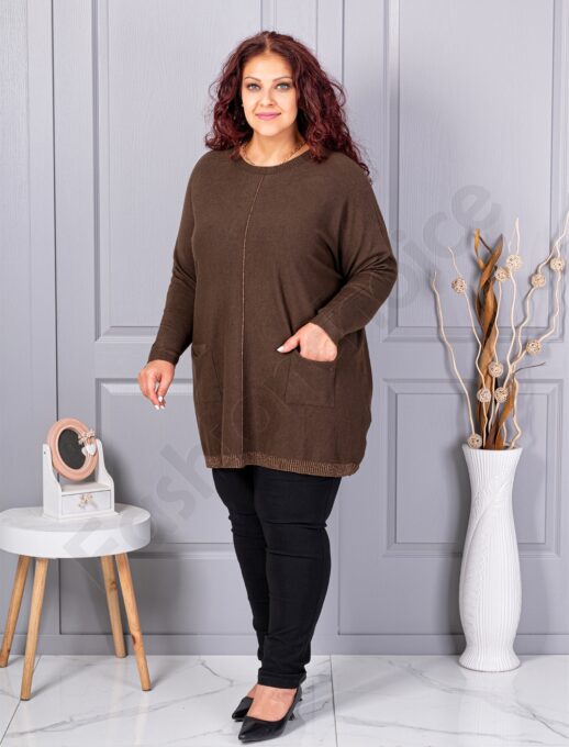 Plus size πλεκτή μπλούζα με λούρεξ ρίγα-καφέ-κωδ 2037-1