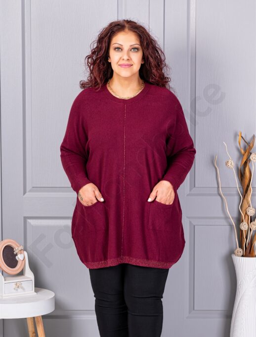Plus size πλεκτή μπλούζα με λούρεξ ρίγα-μπορντό-κωδ 2037-2
