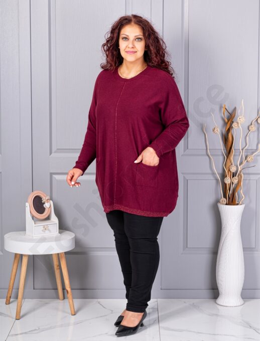 Plus size πλεκτή μπλούζα με λούρεξ ρίγα-μπορντό-κωδ 2037-2
