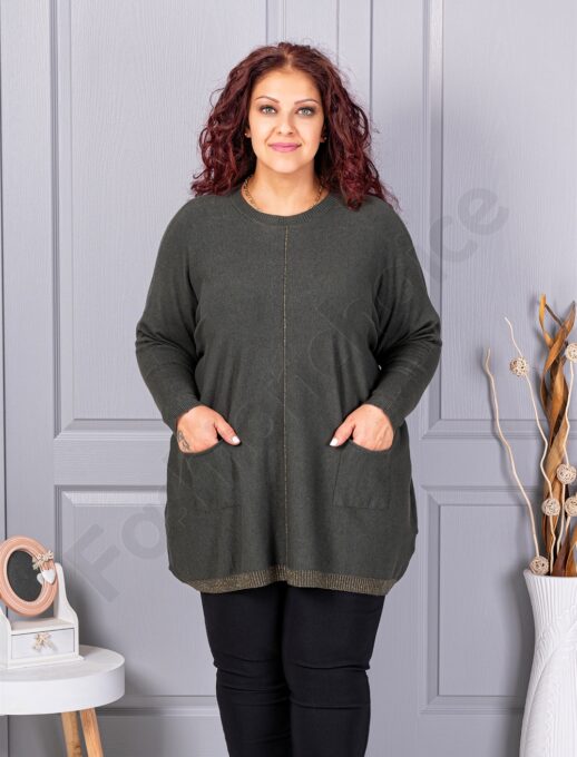 Plus size πλεκτή μπλούζα με λούρεξ ρίγα-χακί-κωδ 2037-4