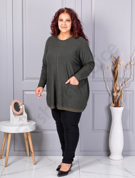 Plus size πλεκτή μπλούζα με λούρεξ ρίγα-χακί-κωδ 2037-4
