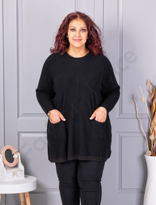 Plus size πλεκτή μπλούζα με λούρεξ ρίγα-μαύρο-κωδ 2037