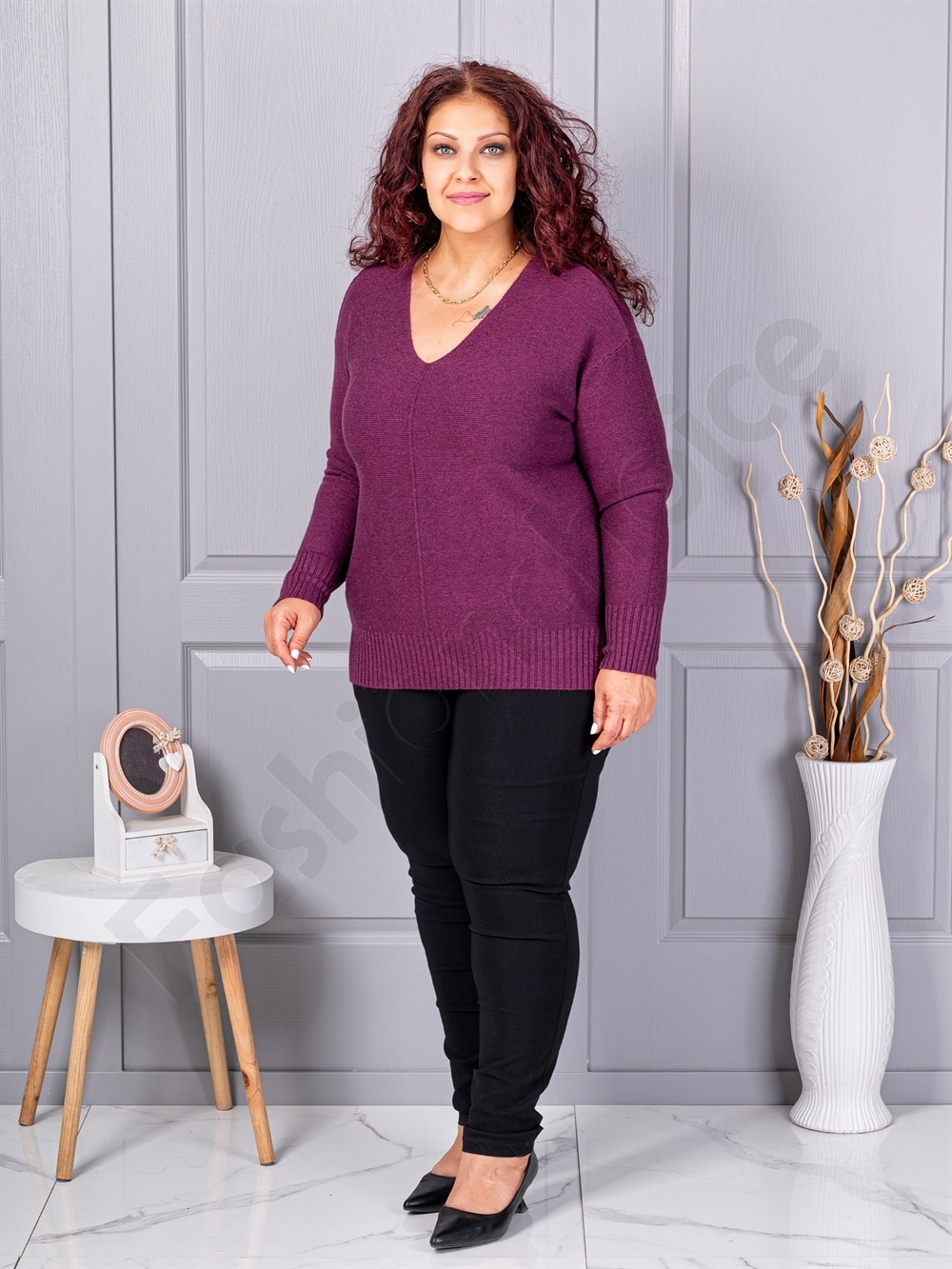 Plus size πλεκτή λούρεξ μπλούζα-μωβ-κωδ 221-1