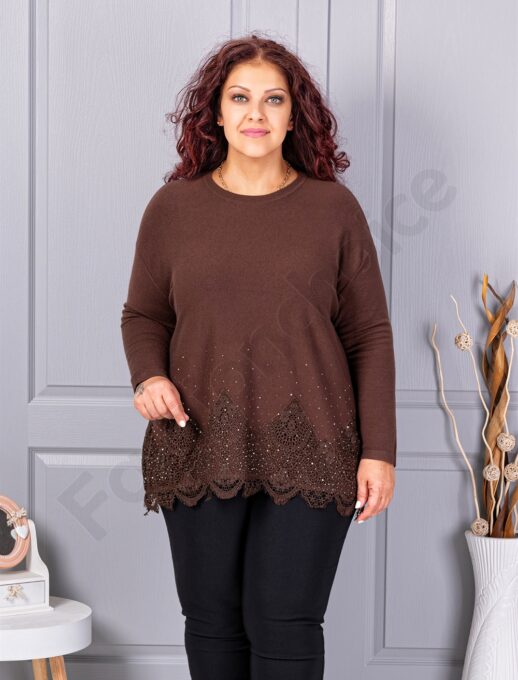 Plus size πλεκτή μπλούζα με δαντέλα και στρας-καφέ-κωδ 6900-4
