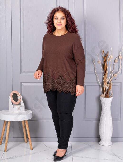 Plus size πλεκτή μπλούζα με δαντέλα και στρας-καφέ-κωδ 6900-4