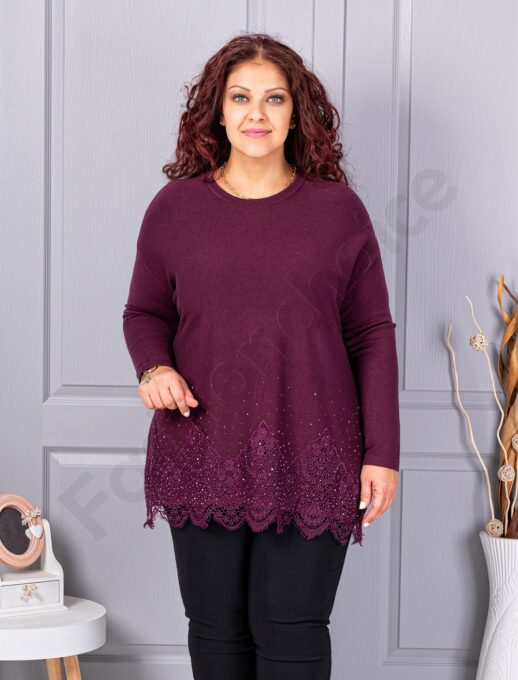 Plus size πλεκτή μπλούζα με δαντέλα και στρας-βουργουνδί-κωδ 6900-2